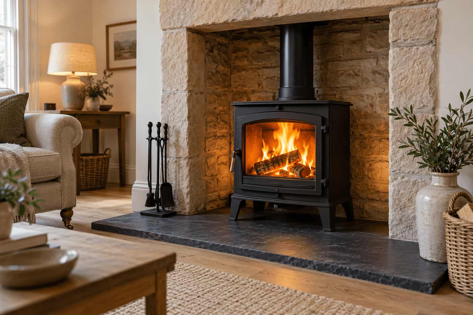 Black multi-fuel log burner installed in a brick fireplace on a slate hearth